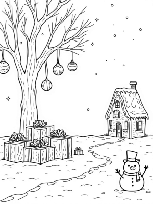 Gingerbread House and Snowman in a Winter Wonderland