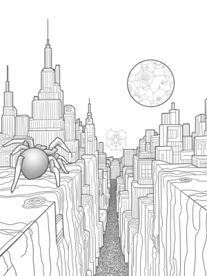 Spider Silhouette Over a Twisted Cityscape at Dusk