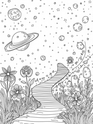 Cosmic Garden with Spiral Staircase and Celestial Orbs