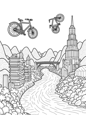 Bicycles Floating in a Colorful Cityscape