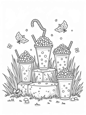 Boba Tea Garden with Colorful Cups and Tapioca Pearls