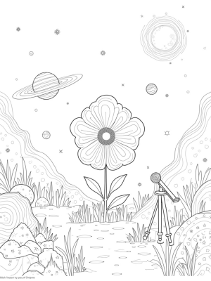 Cosmic Garden with a Giant Flower and Telescope