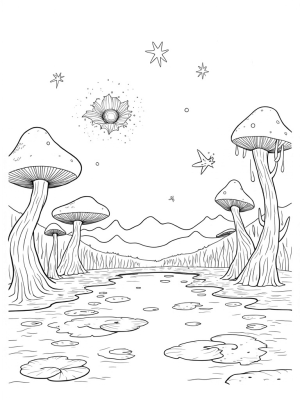 Oversized Mushrooms and a Shimmering Pond
