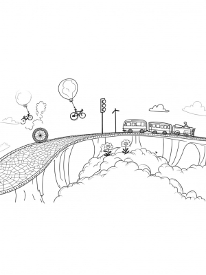 Floating Bicycles and a Teapot Car in a Whimsical Cityscape