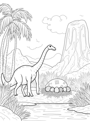 Brontosaurus and Colorful Eggs in a Prehistoric Jungle