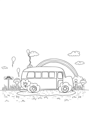 Flower-Shaped Bus with Daisies and Balloons