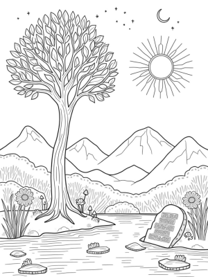 Majestic Tree of Life with Serene River and Ancient Tablet