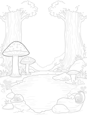 Oversized Mushrooms and a Crystal Pond in a Forest Clearing