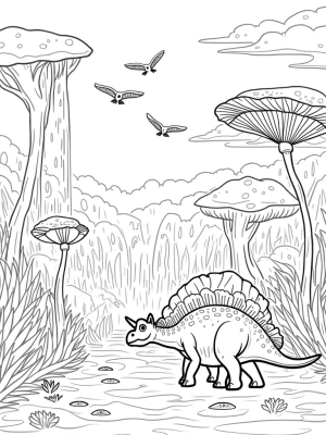 Stegosaurus and Pterodactyls in a Prehistoric Jungle