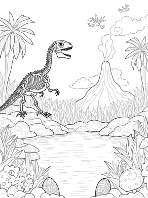 Jungle Wonderland with Dinosaur Skeleton and Pterosaurs
