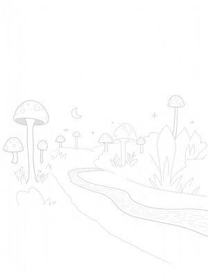 Whimsical Forest with Mushroom Umbrellas and Star Lily Pads