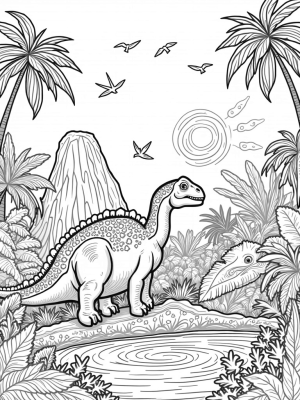 Lush Prehistoric Jungle with Stegosaurus and Pterosaurs
