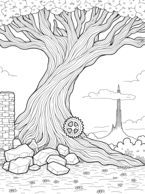 Colossal Tree with Gears and a Titan Silhouette