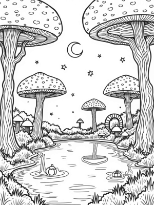 Oversized Mushrooms and a Crescent Moon Pond