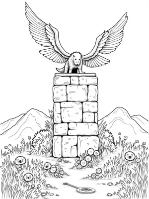 Mysterious Stone Wall with Enormous Wings and Key