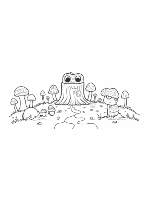 Oversized Mushrooms and Gnarled Stump in the Forest Clearing