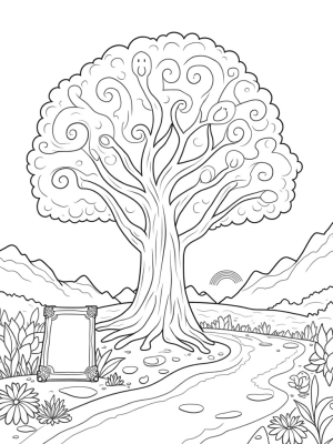 Tranquil Garden with Towering Tree and Rainbow