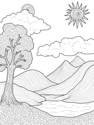 Serene Landscape with Giant Fabric Waves and Geometric Tree