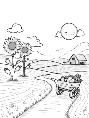 Giant Vegetables and Cheerful Barn in a Farm Landscape