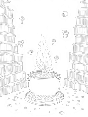 Floating Books and Mystical Cauldron in a Library