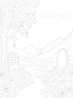 Tranquil Garden with Oversized Fruits and Flowing River