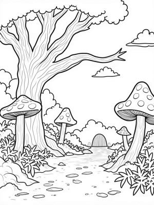 Giant Tree and Colorful Mushrooms in a Forest Clearing