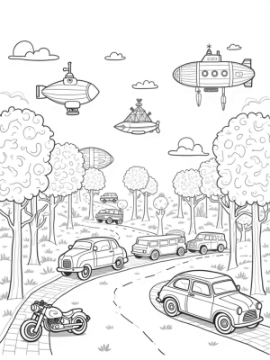 Whimsical Cityscape with Airships and Vintage Cars
