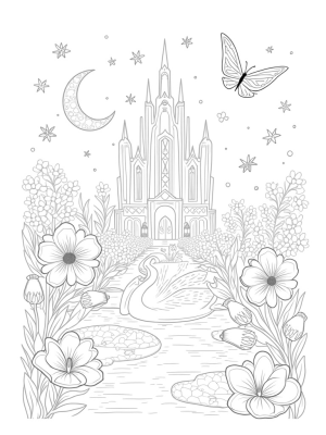 Enchanted Garden with Crystal Castle and Swan Fountain