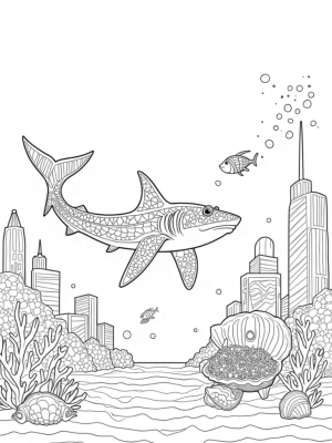Underwater Cityscape with Majestic Shark