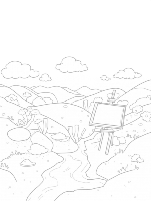 Patchwork Hill Landscape with Paint River and Art Supplies