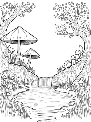 Mystical Forest Glade with Oversized Mushrooms and a Sparkling Pond
