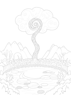 Garden of Oversized Flowers and a Spiraling Tree