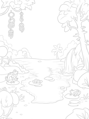 Jungle River with Frogs and Colorful Feathers