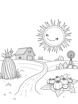 Sunny Farm with Giant Corn Sun and Playful Haystack