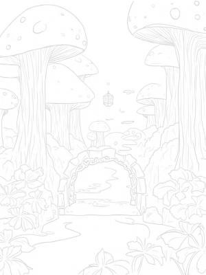 Mystical Forest with Giant Mushrooms and Shimmering Stream