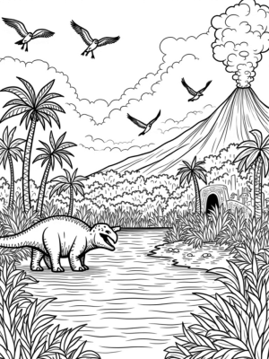 Stegosaurus and Pterodactyls in a Prehistoric Jungle