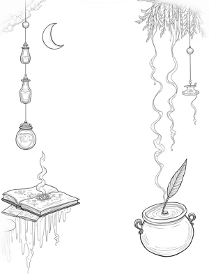Floating Potion Workshop with Spellbook and Cauldrons