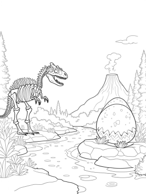 Prehistoric Jungle with Dinosaur Skeleton and Volcano