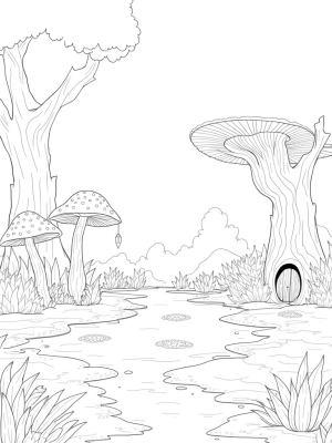 Enchanted Forest Clearing with Giant Mushrooms and Lanterns