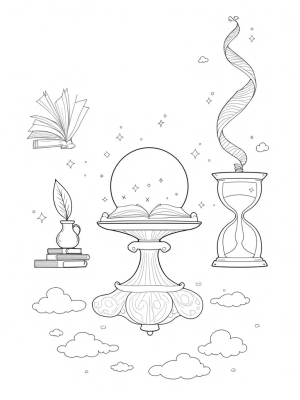 Floating Library with Crystal Ball and Mysterious Creatures