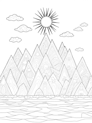 Kaleidoscopic Mountain Landscape with Triangular Sun