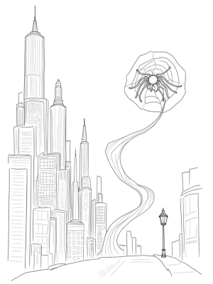 Elastic Cityscape with Spider Clock and Comic Panels