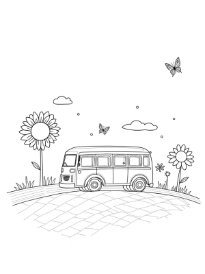 Flower-Shaped Bus with Rainbow Tiles and Paintbrush Trees