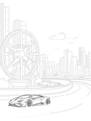 Futuristic Cityscape with Lamborghinis and a Spinning Wheel