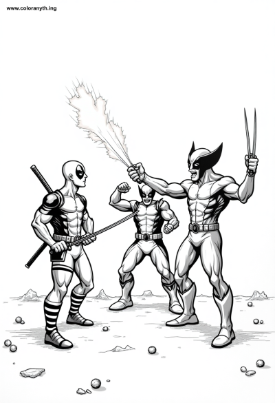 Epic Showdown: Deadpool, Wolverine, and Cyclops Coloring Page