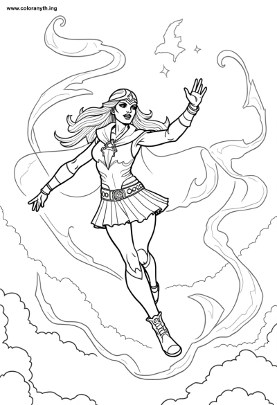 Superheroine in Flight Coloring Page