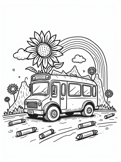 Giant Flower Bus in a Colorful Cityscape
