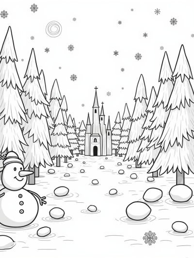 Frosty Forest Glade with Ice Castle and Snowman