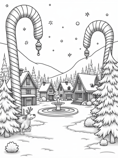 Holiday Village with Candy Canes and Reindeer