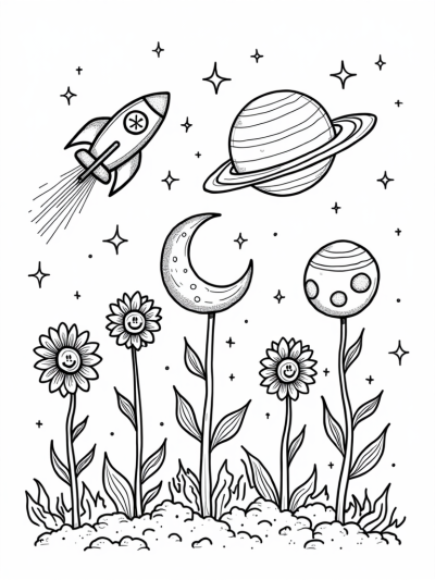 Colorful Planets and a Candy Rocket in a Space Garden